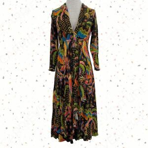 Farm Rio Long Sleeve Flowy Maxi Dress Macaw Island Tropical Cross Stitch Print S